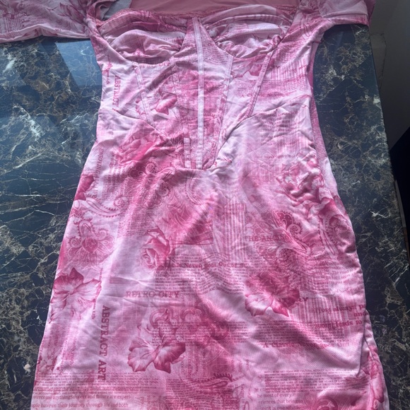 Pink Mesh Long Sleeve Bodycon Dress - Picture 3 of 6